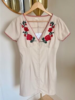 BaeVely Embroidered Rose V-Neck Mini Dress — Beige with Red Floral M